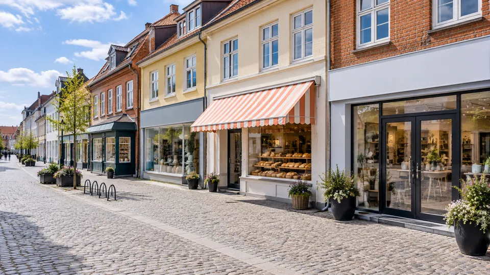 Gågade i en typisk dansk provinsby med forskellige butiksfacader, udstillingsvinduer og en stribet markise