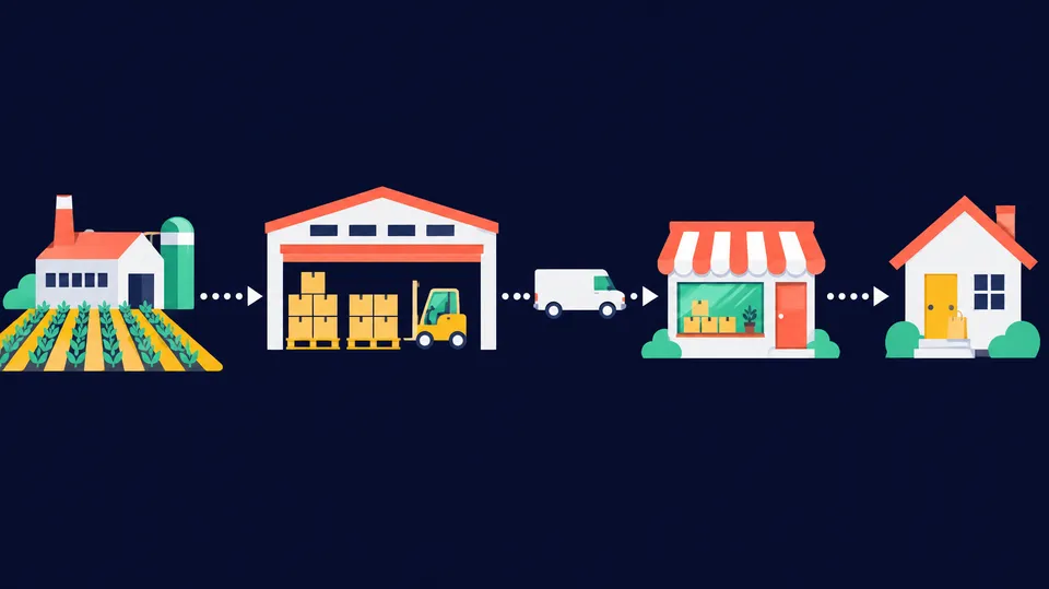 Illustration af varens vej fra producent over engroslager og butik til forbrugerens hjem