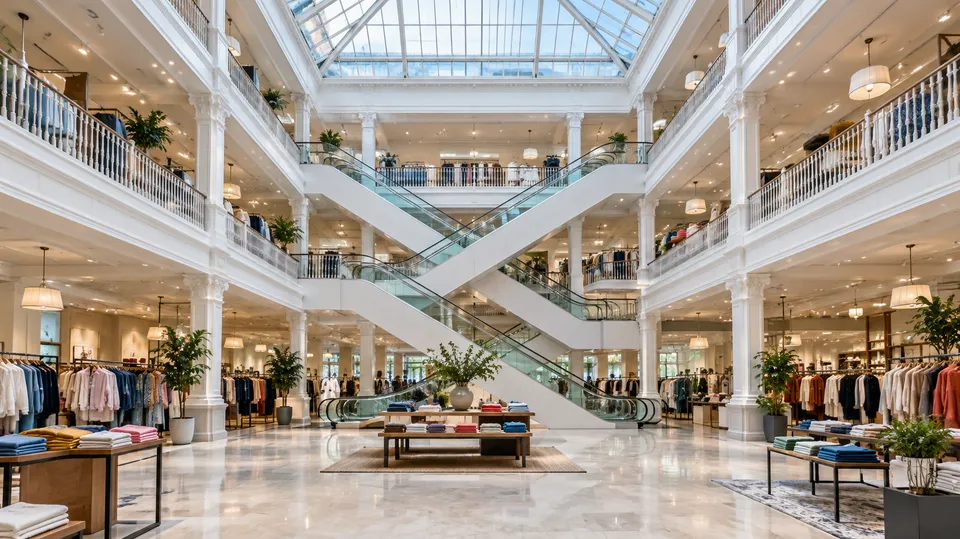 Lyst atrium i et typisk stormagasin med glastag, gallerier og krydsende rulletrapper
